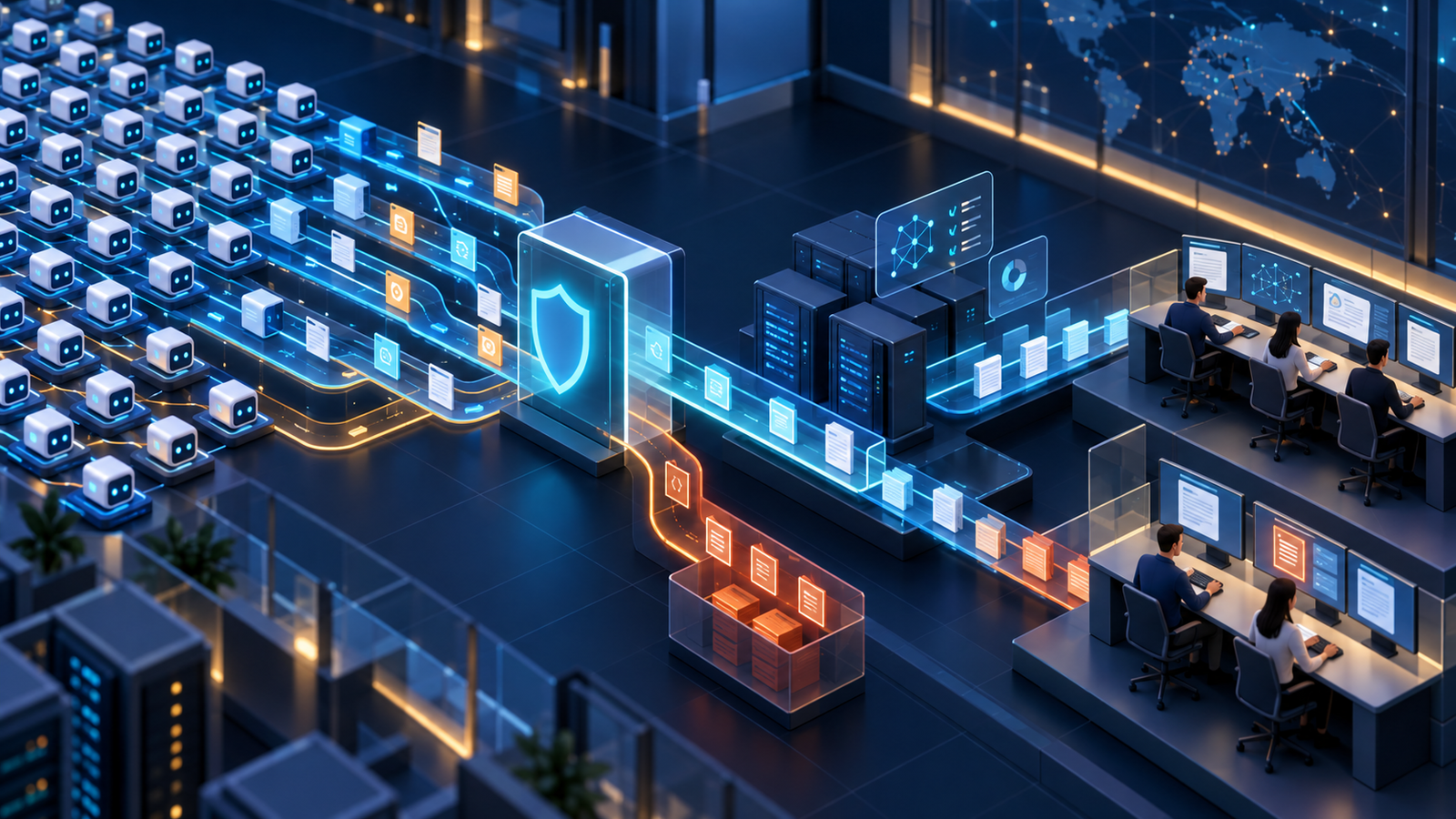AI research-agent task streams passing through real-time safeguards, offline review systems and human oversight.