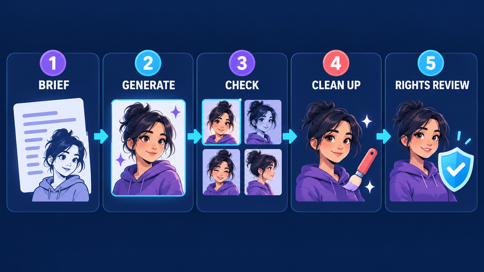 Free AI character generator workflow from written brief to rights review