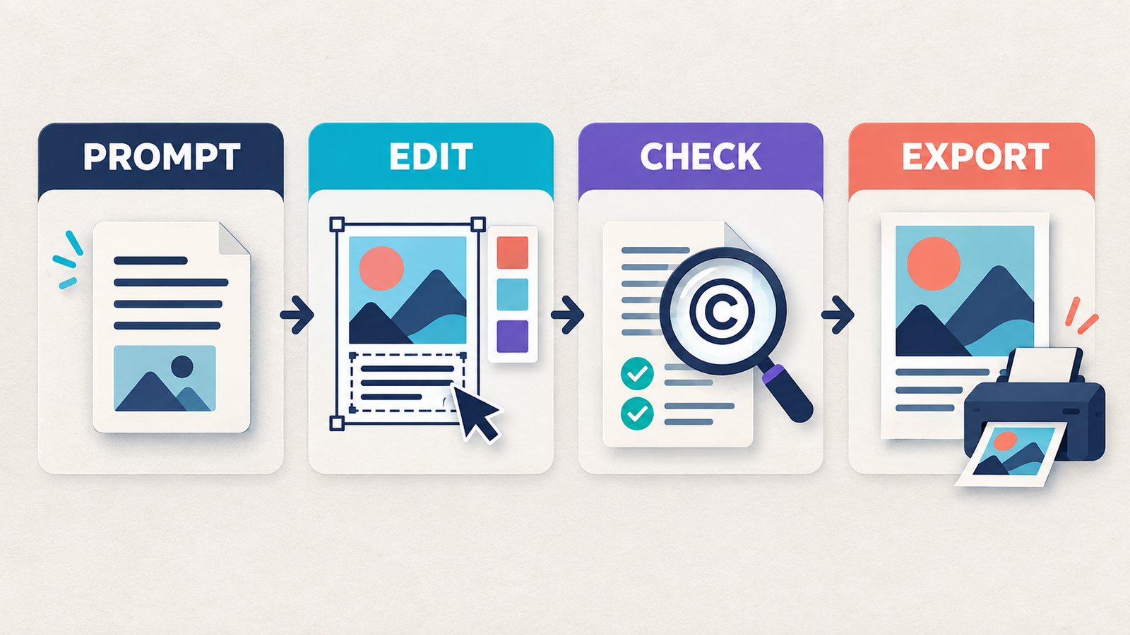 Free AI poster generator from text workflow showing prompt, editable layout, copy check and export review
