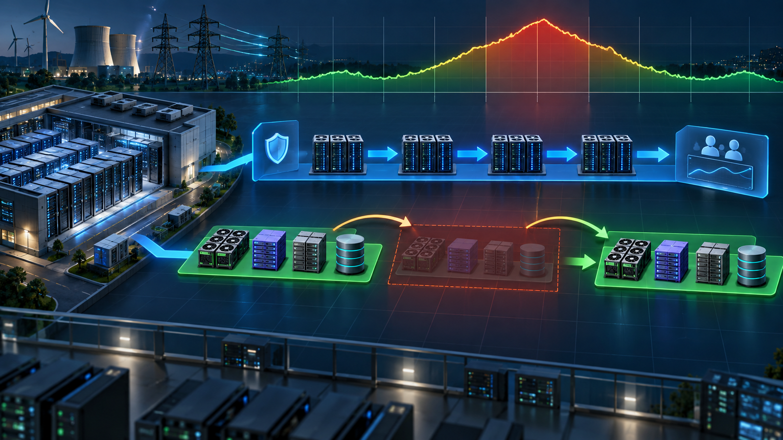 Diagram of an AI platform shifting batch and training workloads away from grid peak hours