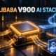 Editorial illustration of Alibaba's V900 AI accelerator connecting models, cloud infrastructure and enterprise agents