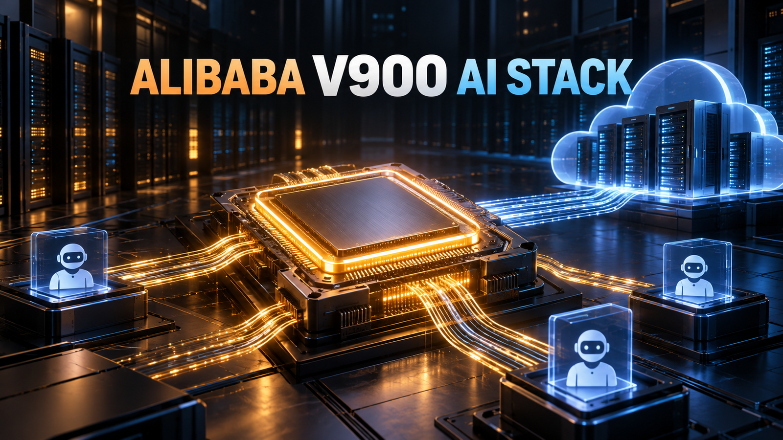 Editorial illustration of Alibaba's V900 AI accelerator connecting models, cloud infrastructure and enterprise agents