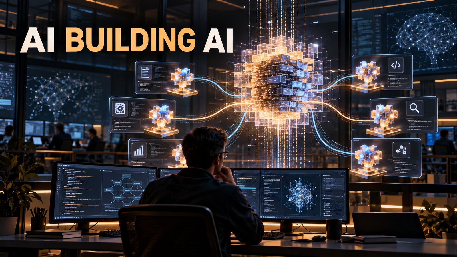 Human researcher overseeing monitored AI agents that help build a next-generation model.