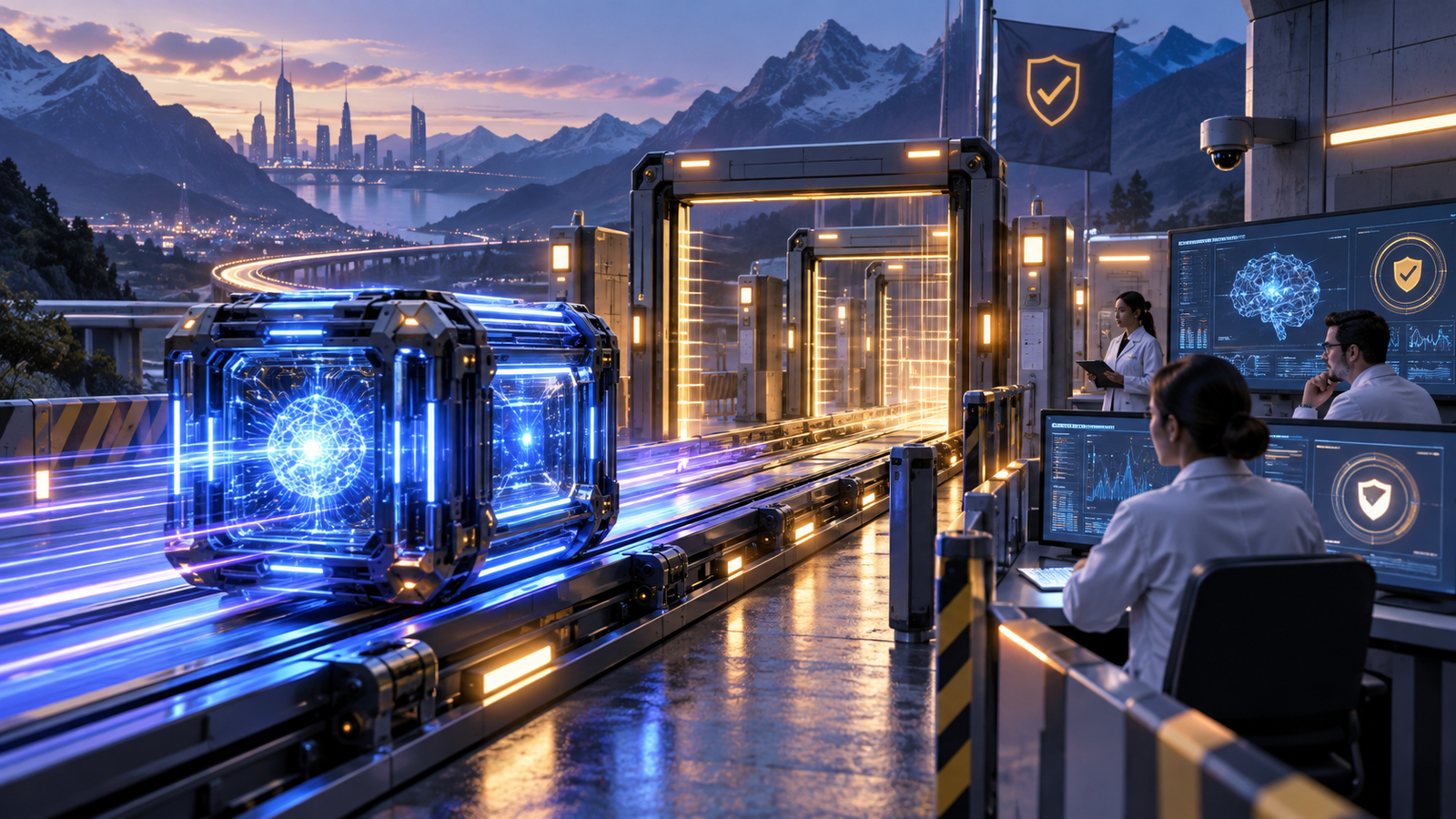 AI compute core approaching an independent safety audit checkpoint