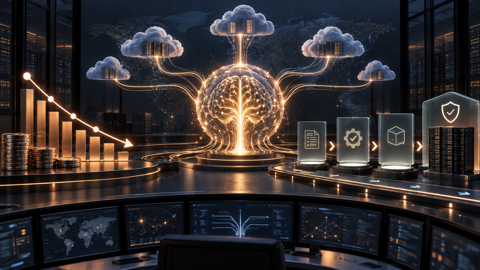 Abstract editorial view of an AI model control plane balancing lower costs with migration safeguards