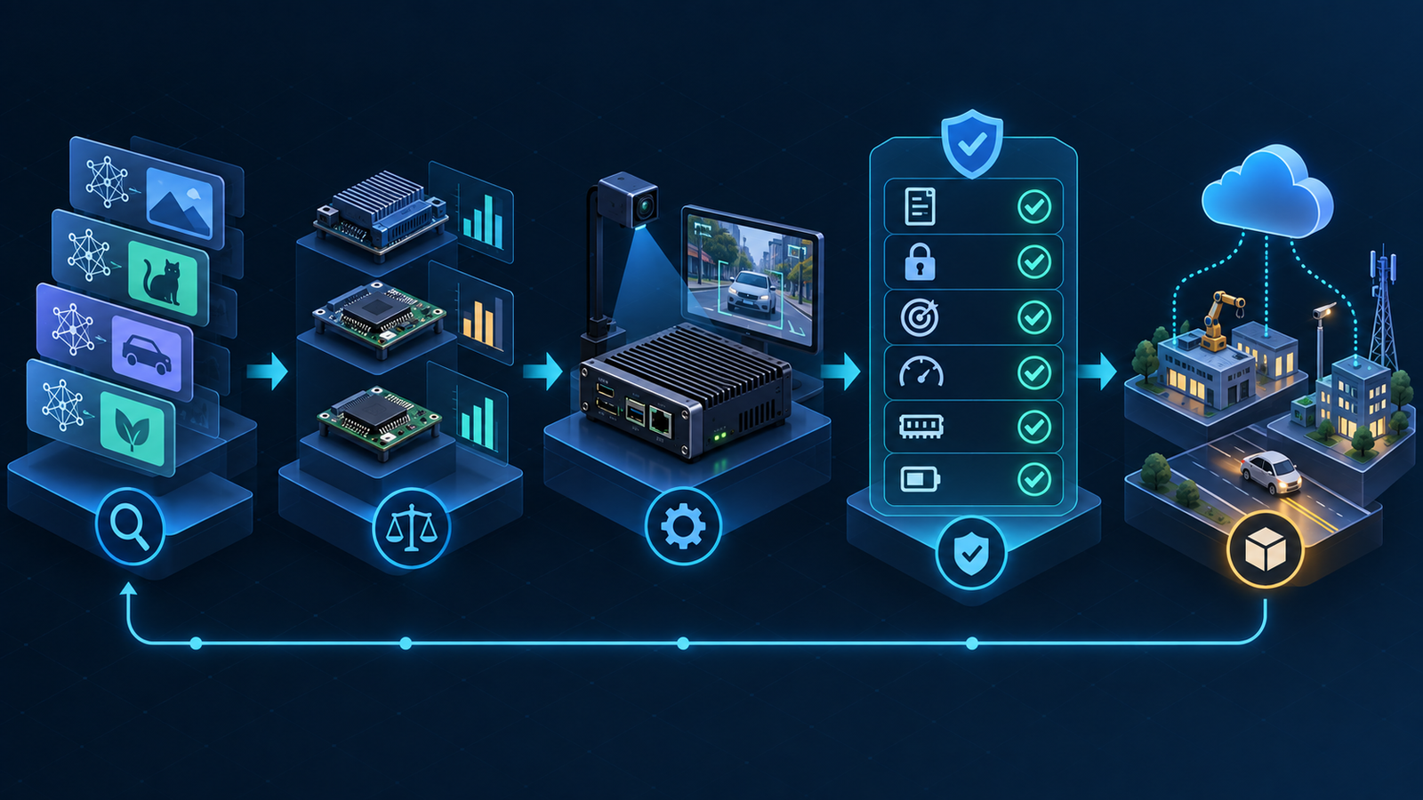 Workflow showing model discovery, hardware-aware validation and controlled deployment through the Arm AI Portal