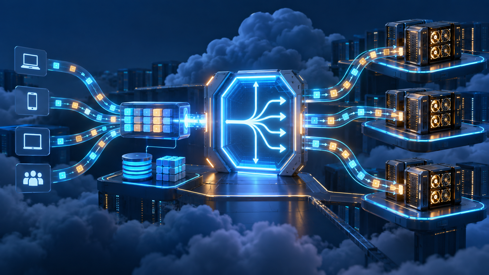 Abstract editorial visualization of AWS SageMaker routing AI requests across GPU servers