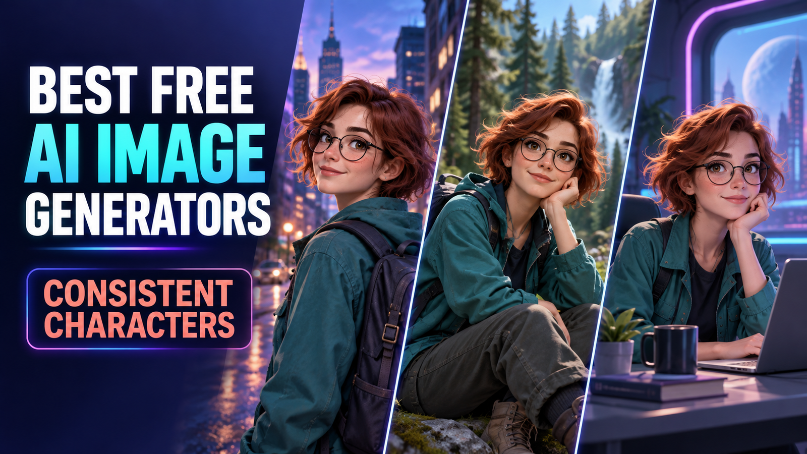 Best free AI image generators for consistent characters shown across three different scenes