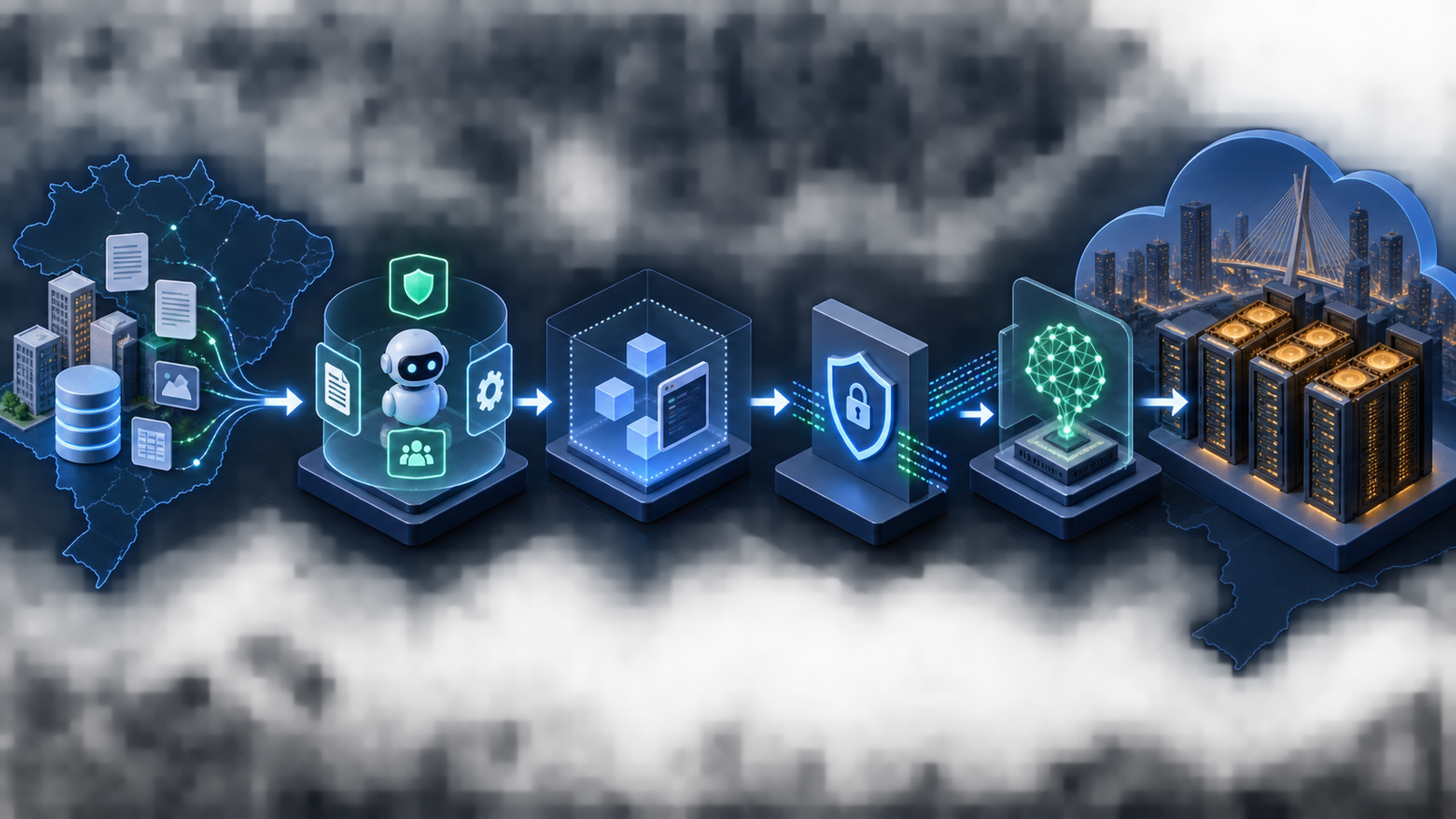 Diagram of Brazilian enterprise data passing through governed agents, a secure sandbox, policy controls and local AI infrastructure