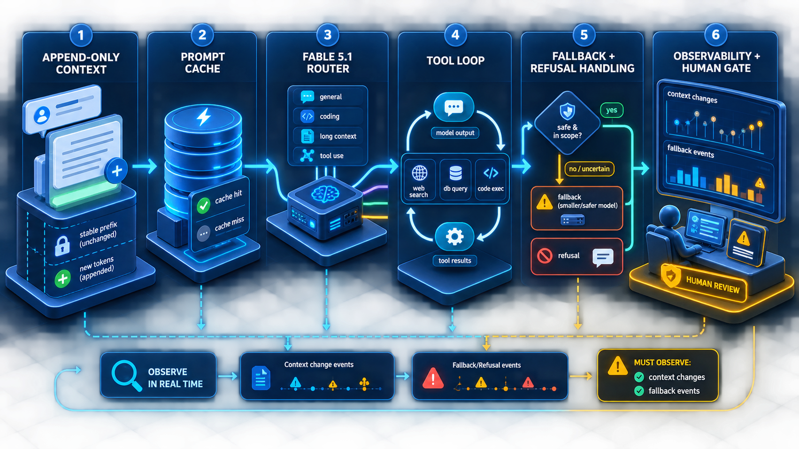Claude Fable 5.1 agent migration path from append-only context and prompt cache through routing, tools, fallback handling, observability and a human gate