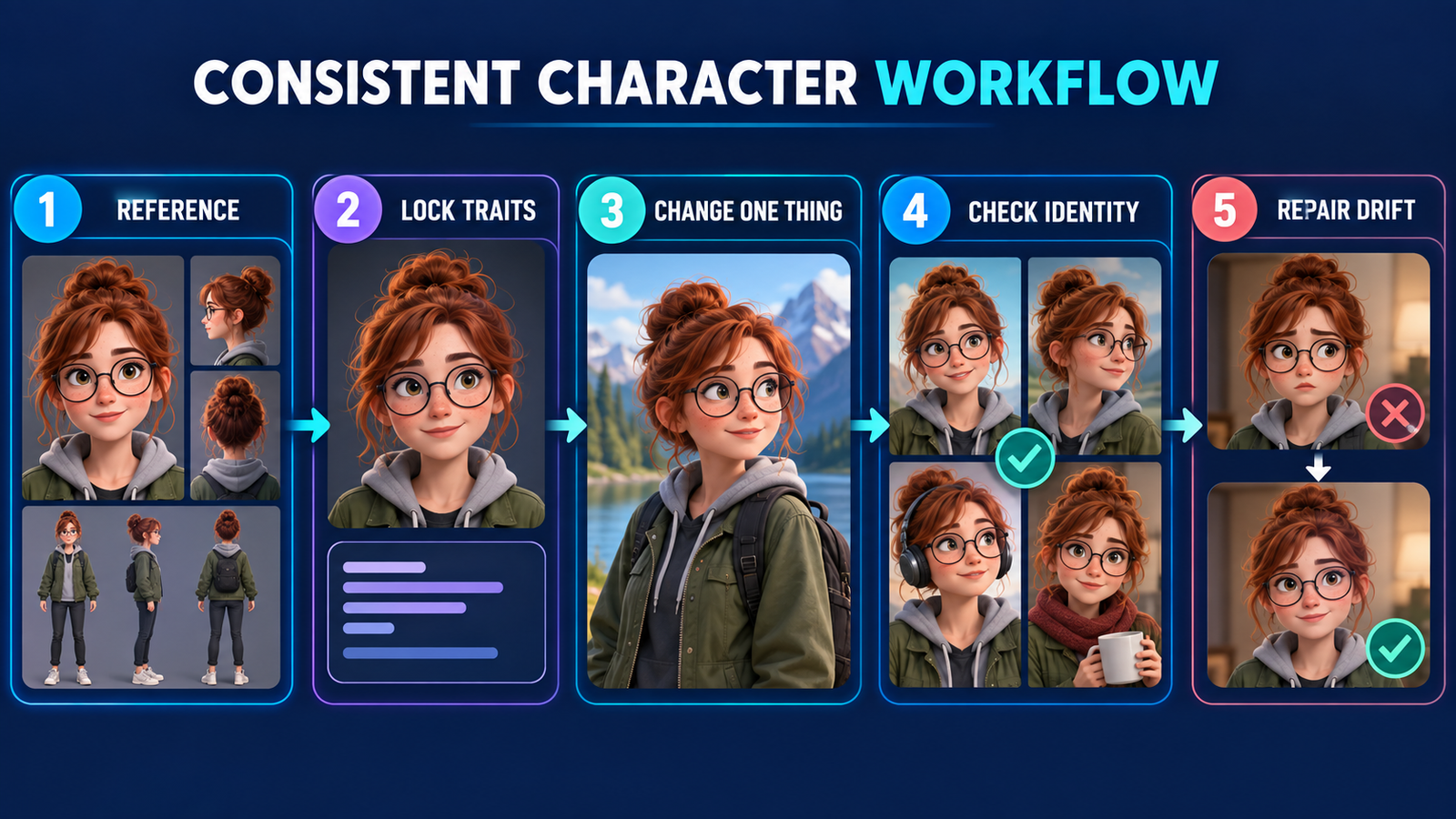 Free AI image generator workflow for creating consistent characters across multiple scenes