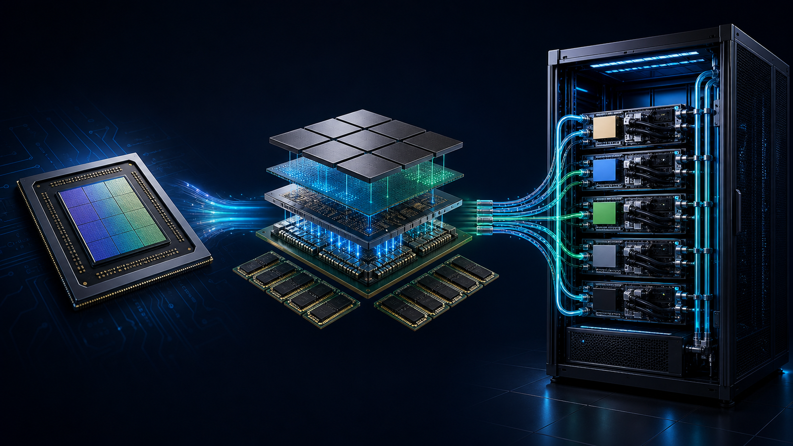 Custom XPU design moving through chiplet packaging and high-speed fabric into a liquid-cooled AI rack