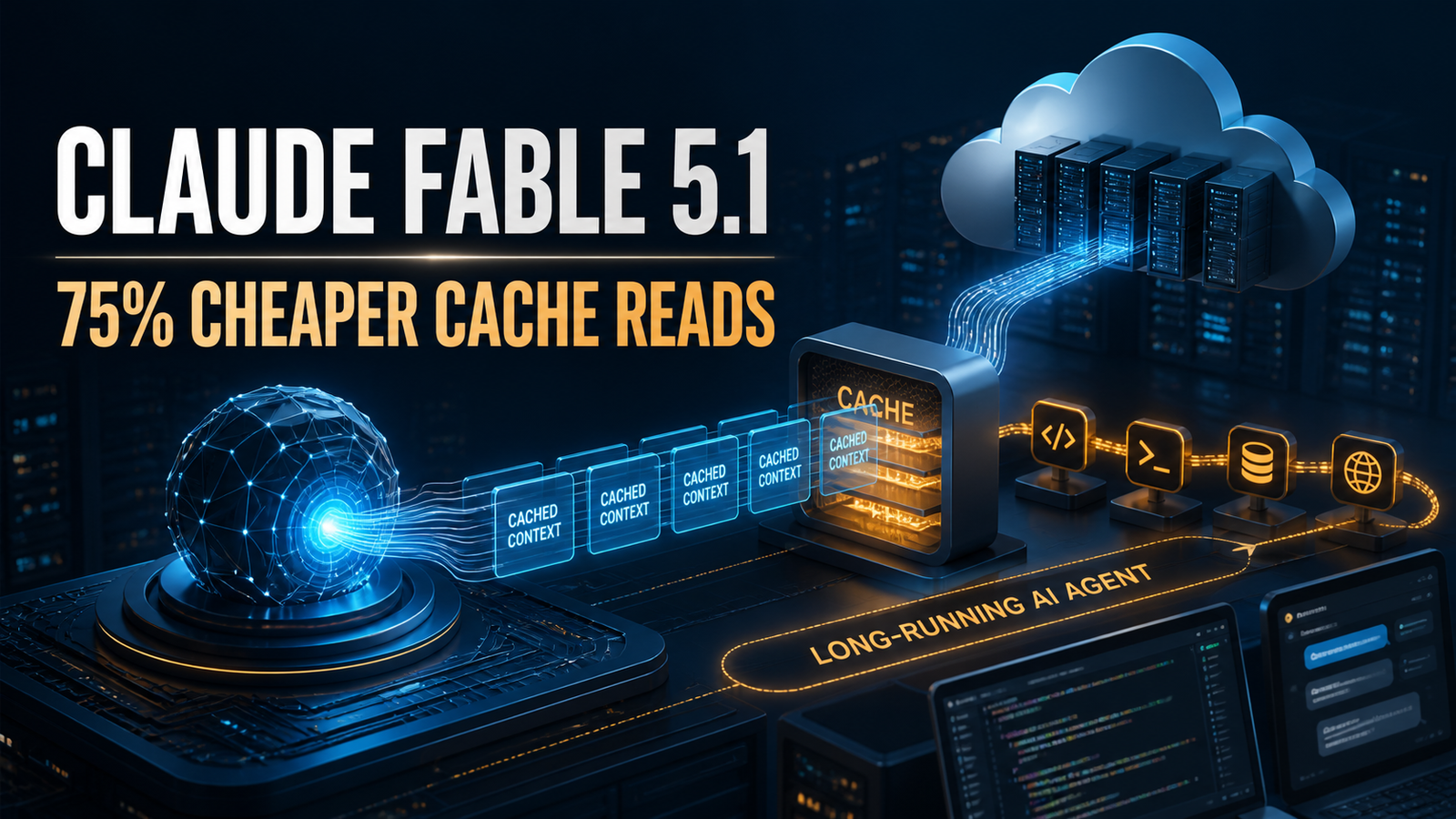 Claude Fable 5.1 AI agent using a prompt cache with 75% cheaper cache reads across cloud infrastructure and developer tools
