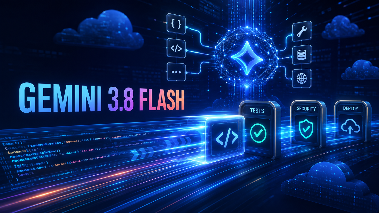 Gemini 3.8 Flash coding agent moving through testing, security and cloud deployment stages