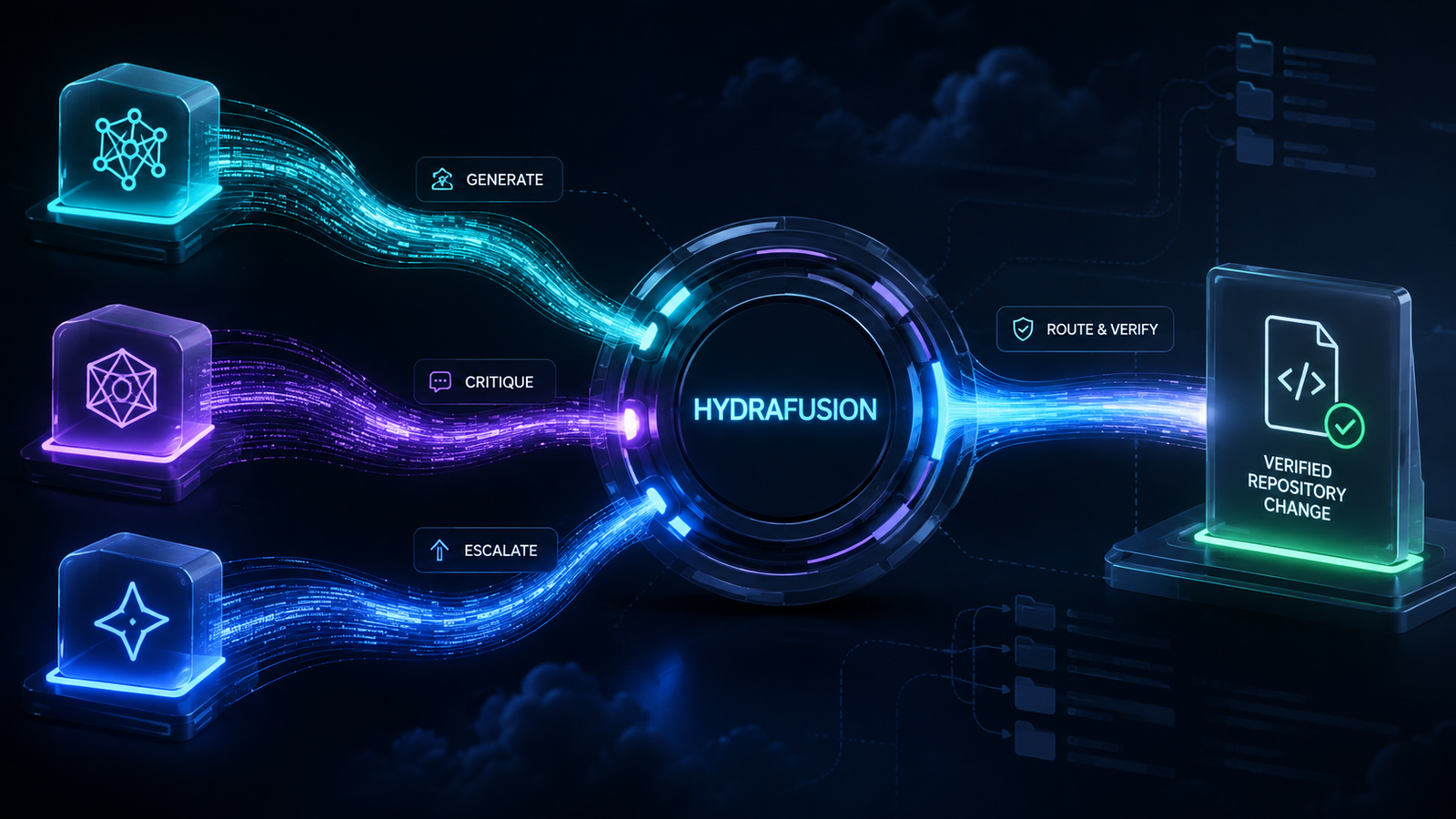 Abstract editorial image of three AI coding streams converging into one verified repository change for GitHub HydraFusion
