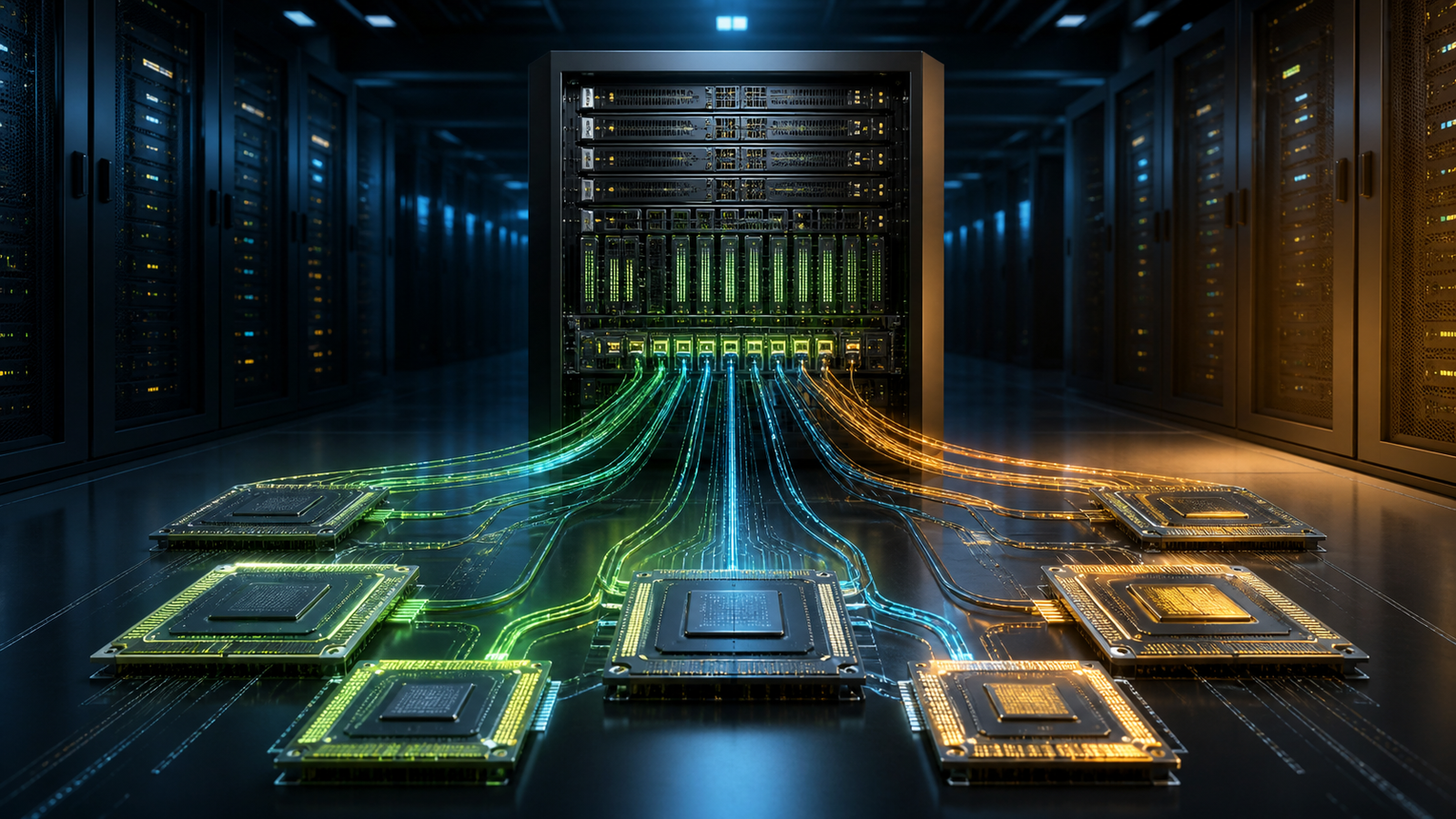 Custom AI accelerator chips connected to a rack-scale data center system