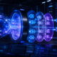 Abstract AI core passing through staged cloud access gates into monitored infrastructure.