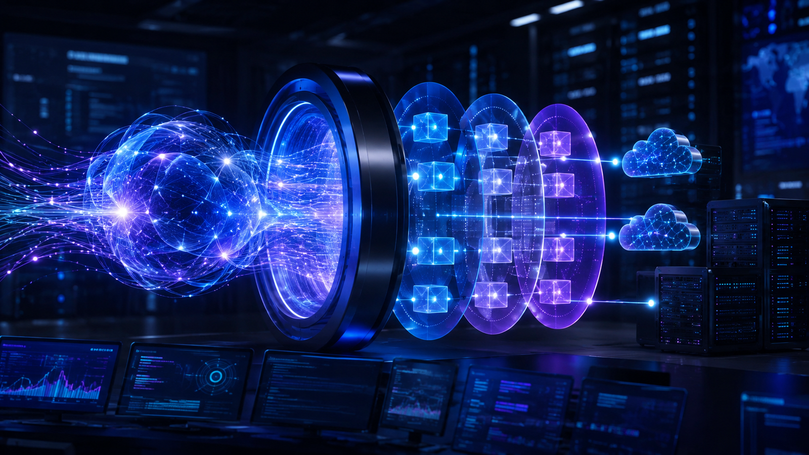 Abstract AI core passing through staged cloud access gates into monitored infrastructure.