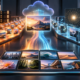 Abstract production studio showing an AI image pipeline splitting between a fast Flare lane and a precision Sunburst lane, with cloud delivery and quality controls.