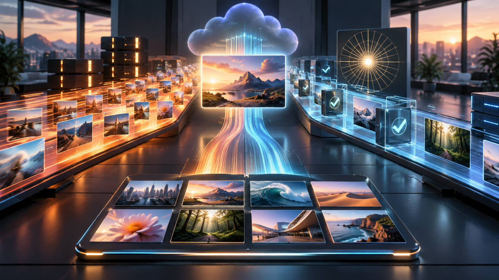 Abstract production studio showing an AI image pipeline splitting between a fast Flare lane and a precision Sunburst lane, with cloud delivery and quality controls.