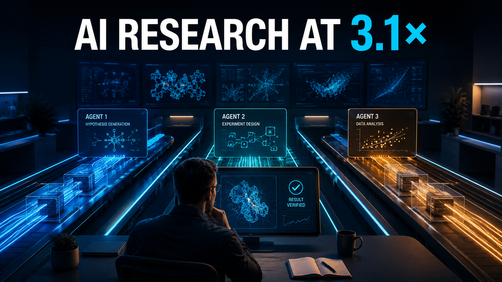 Human researcher supervising three parallel AI research agent workstreams in an isolated operations environment