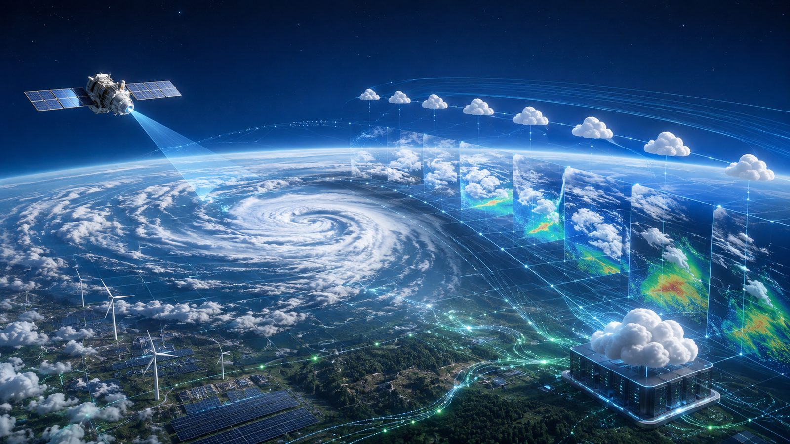 Global satellite observations and cloud infrastructure visualize hourly AI weather forecasting