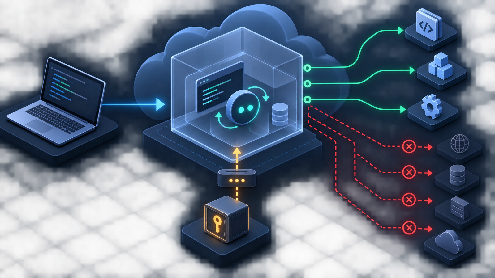 Diagram showing an AI coding agent moving from a developer laptop into an isolated cloud microVM with controlled access to source code, package registries and CI systems