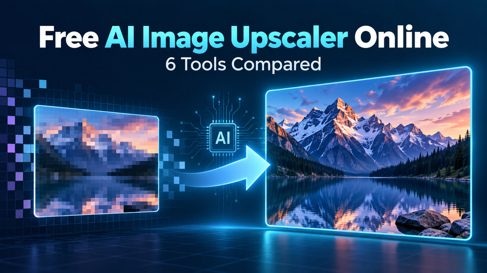 Free AI image upscaler online comparison showing a low-resolution photo becoming sharp