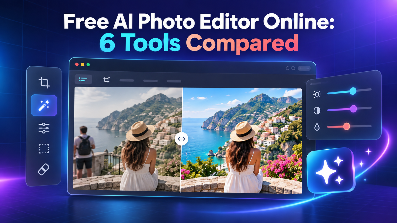 Free AI photo editor online comparison showing a before-and-after travel photo