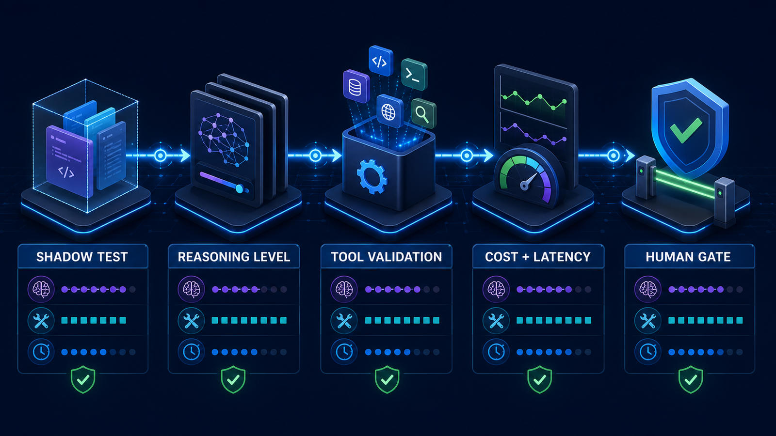 Gemini 3.8 Flash production migration flow showing a shadow deployment, reasoning-level controls, tool validation, cost and latency telemetry, and a human release gate