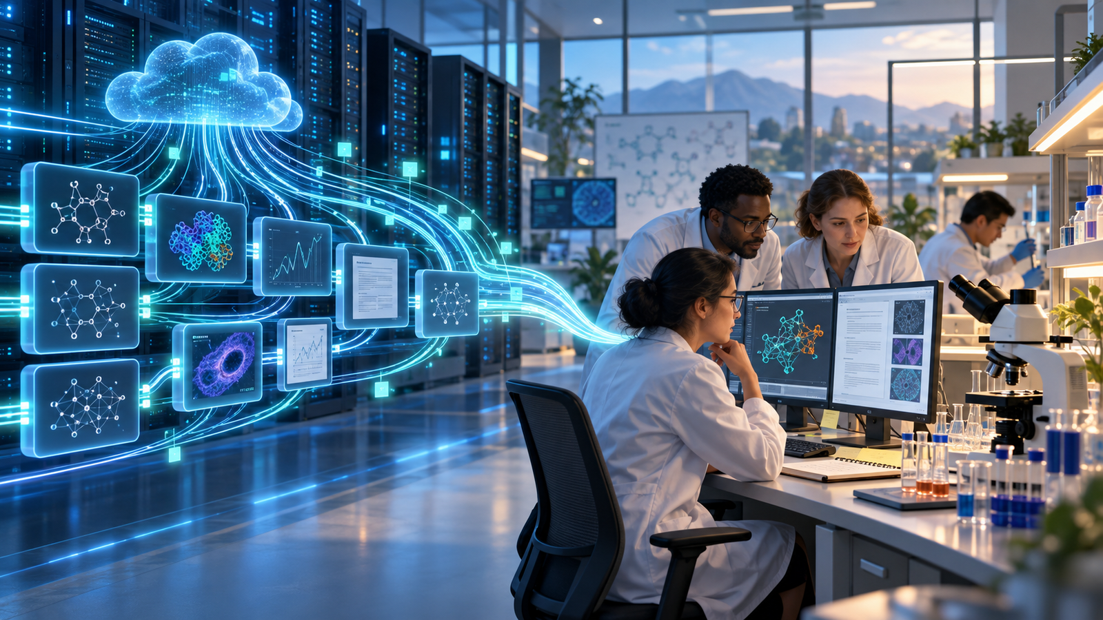 Abstract editorial illustration of an AI-assisted scientific workflow moving from rapid digital analysis into human verification and laboratory testing