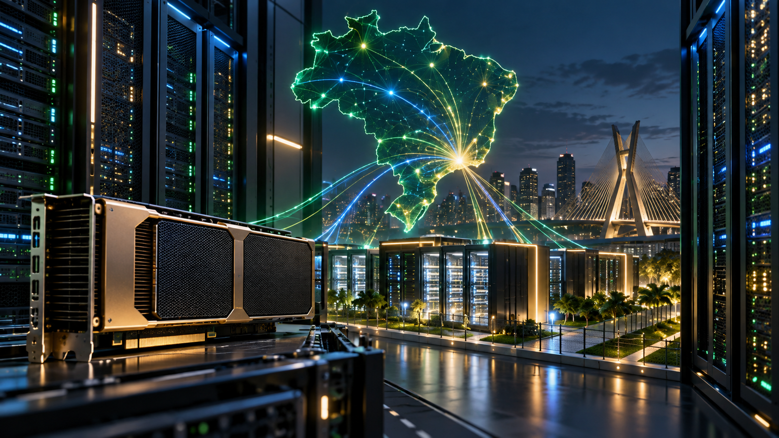 Editorial illustration of localized AI processing and GPU infrastructure in a São Paulo cloud region