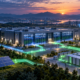 Abstract AI data center connected to a responsive electric grid with blue and green energy flows