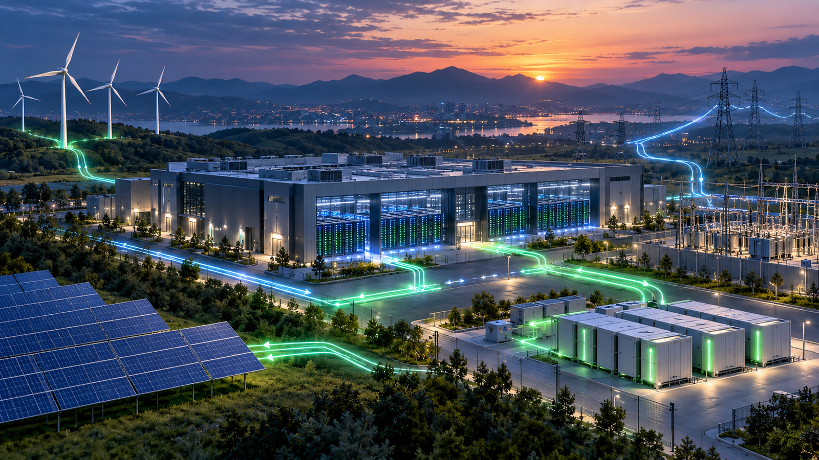 Abstract AI data center connected to a responsive electric grid with blue and green energy flows