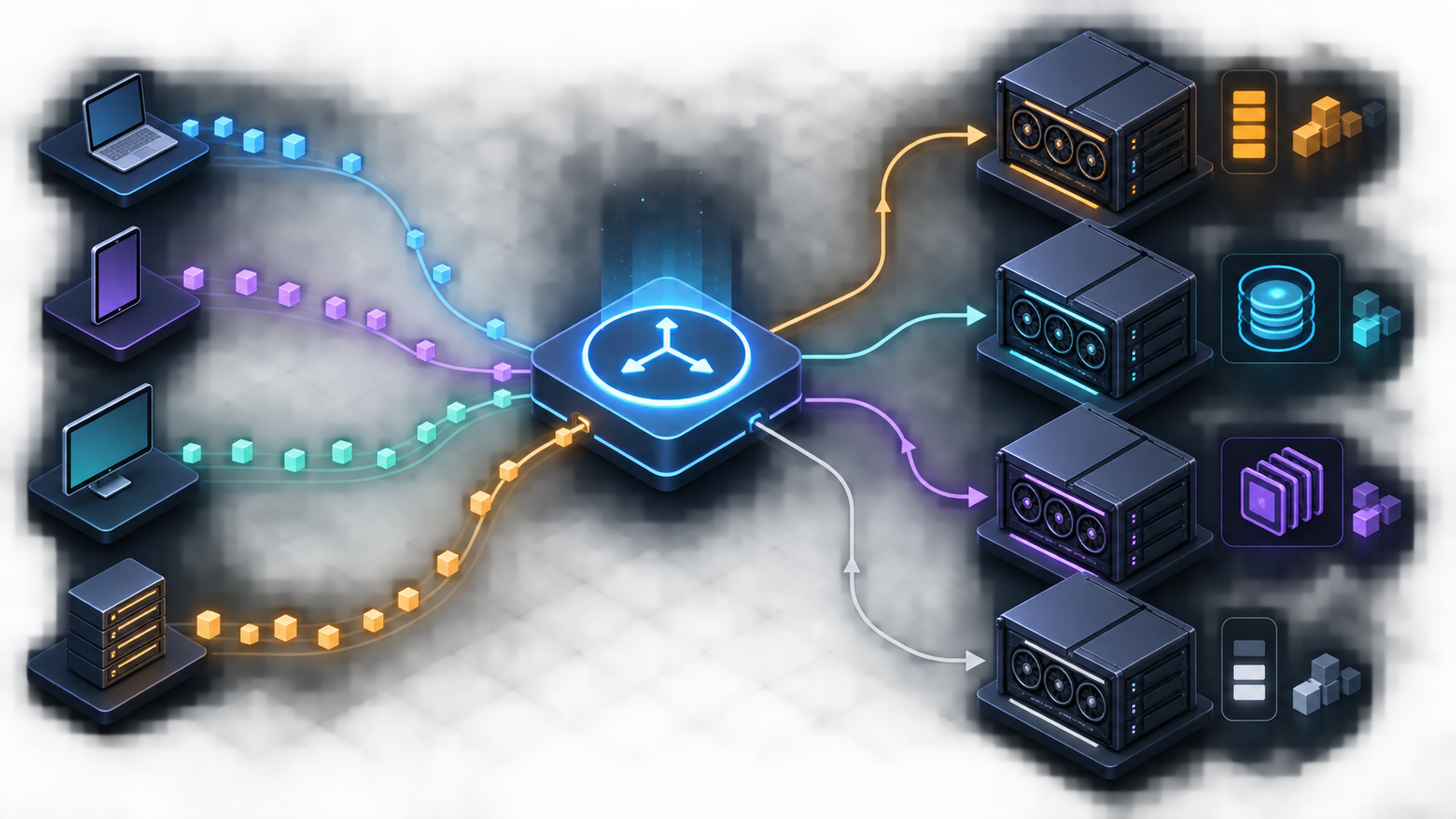 Diagram showing an AI inference gateway routing requests to GPU pods using queue, cache and adapter signals