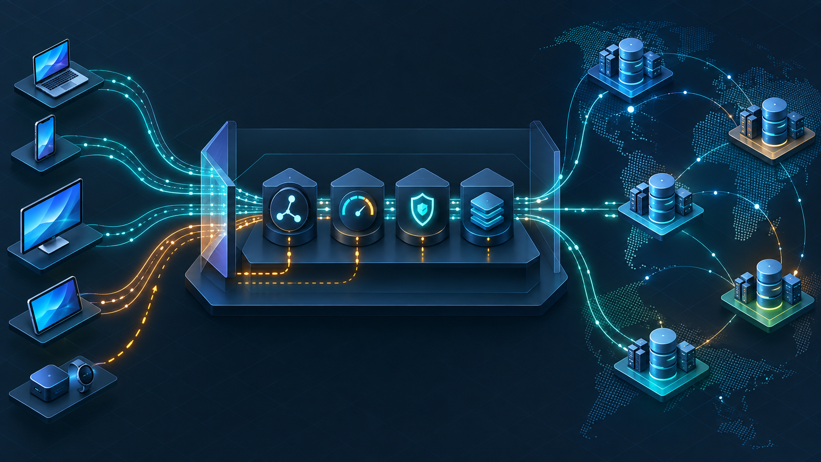 Architecture illustration showing application traffic passing through routing, rate limiting, authorization and caching controls before reaching globally distributed storage