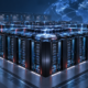 Abstract editorial illustration of Huawei's Ascend 960 AI supercomputing fabric with liquid-cooled racks and optical links