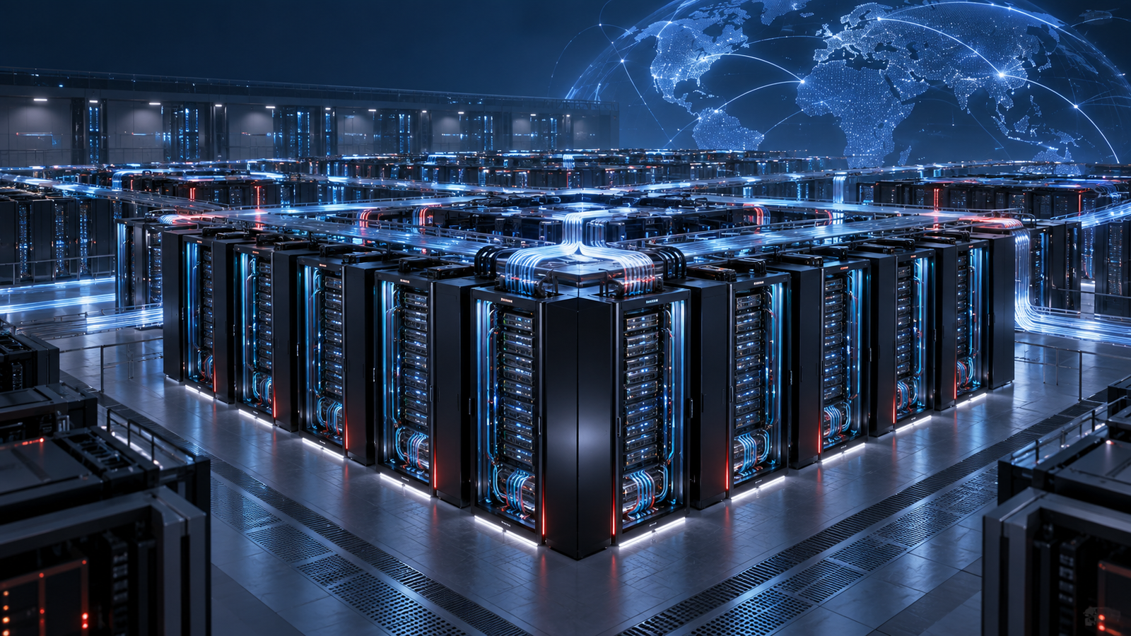 Abstract editorial illustration of Huawei's Ascend 960 AI supercomputing fabric with liquid-cooled racks and optical links