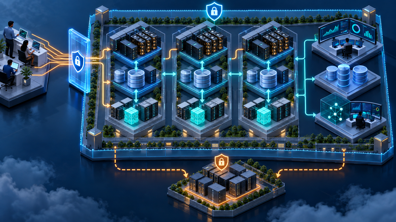 Isometric diagram showing AI requests routed securely across three cloud availability zones with GPU compute, data services, monitoring and a separate disaster recovery path