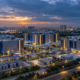 Microsoft Hyderabad AI cloud campus with three illuminated availability-zone buildings connected by data pathways