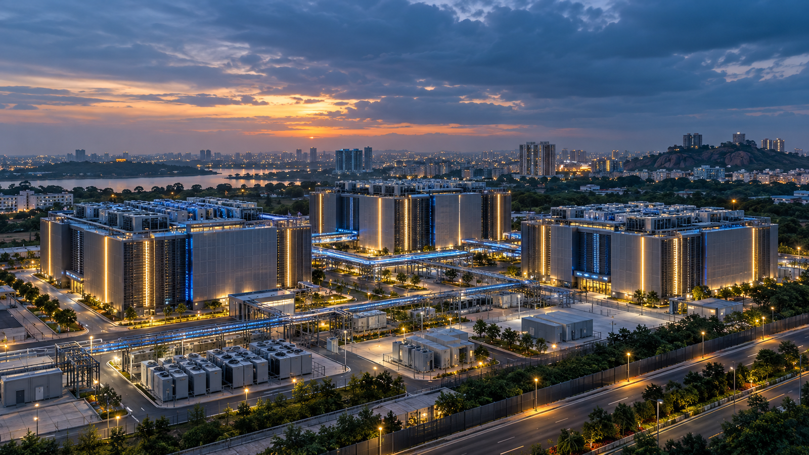 Microsoft Hyderabad AI cloud campus with three illuminated availability-zone buildings connected by data pathways