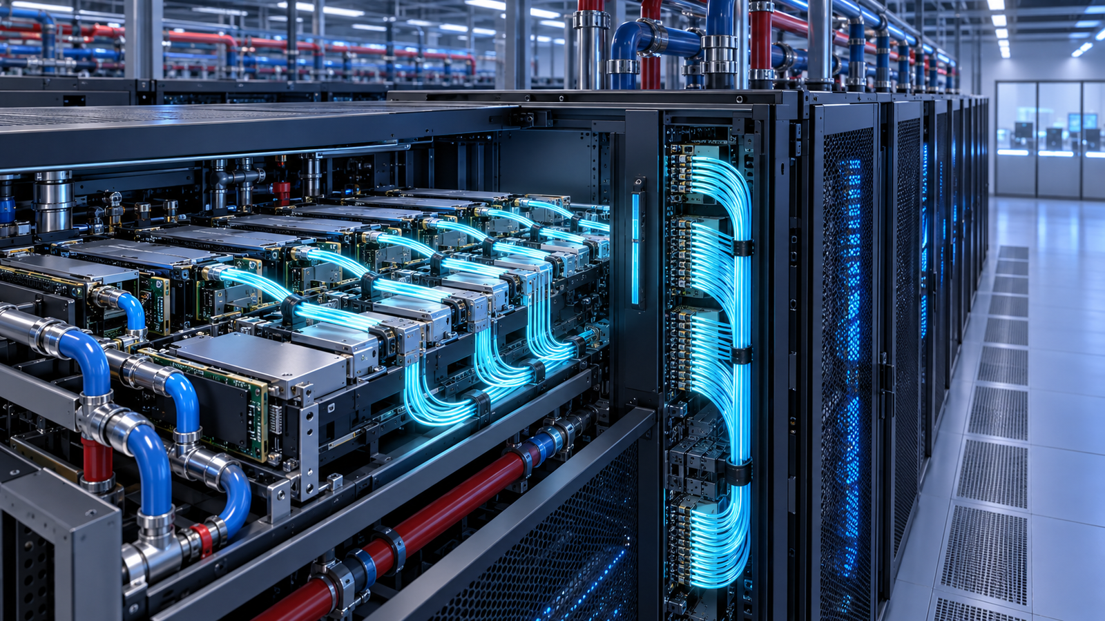Illustration of a liquid-cooled AI compute cluster linked by near-packaged optical interconnects