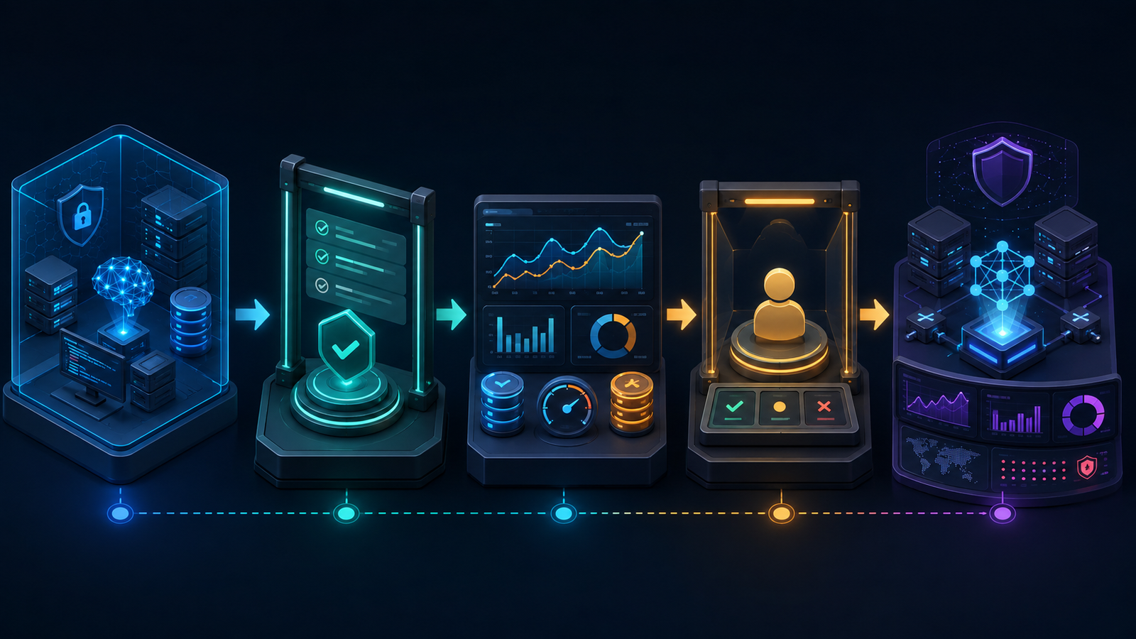 Five-stage AI deployment path from isolated testing through evaluation, observability and human approval to monitored production.