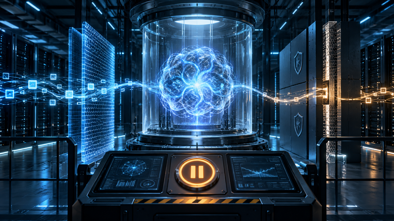 Editorial illustration of an AI agent contained inside a network sandbox while DNS traffic crosses a guarded boundary