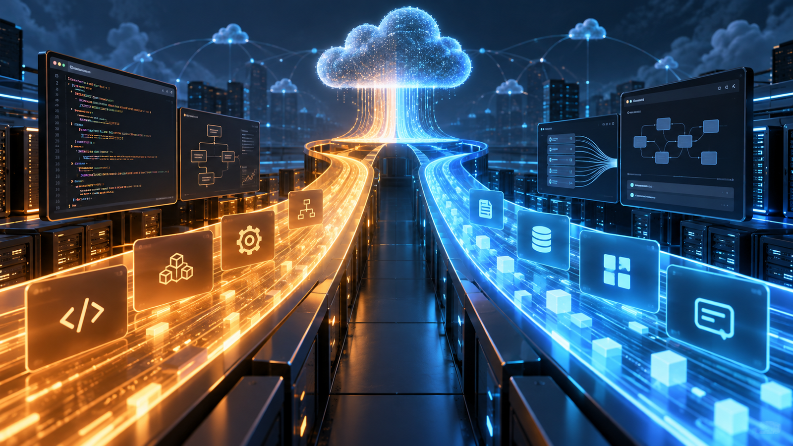 Abstract editorial illustration of GPT-6 Sol and Luna model tiers routing software and cloud workloads