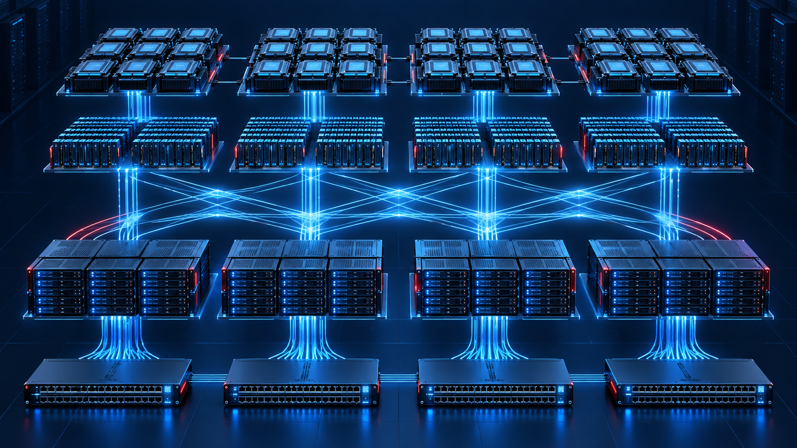 Diagram-style illustration showing AI accelerators, unified memory, storage and network switches connected as one computing fabric