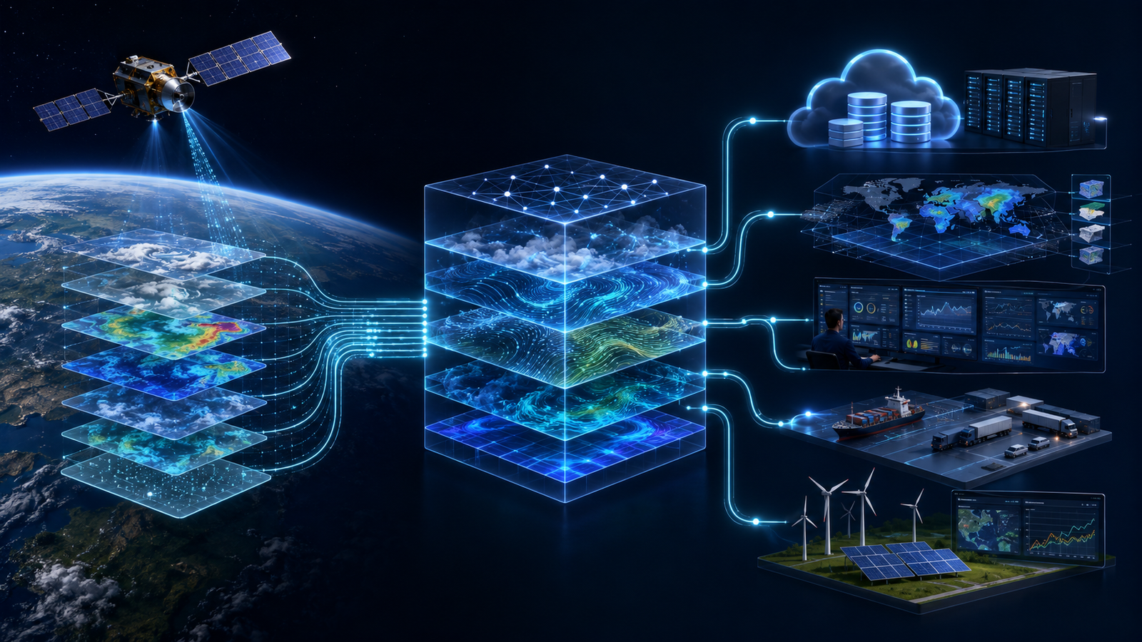 Satellite observations flow into an AI weather model and then into cloud analytics, logistics and renewable-energy operations