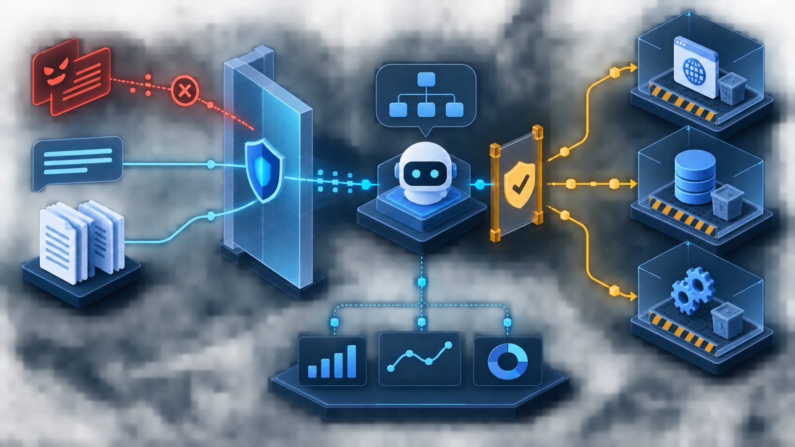 Defense-in-depth AI agent architecture with untrusted input filtering, policy-gated tools, isolated sandboxes, and monitoring.