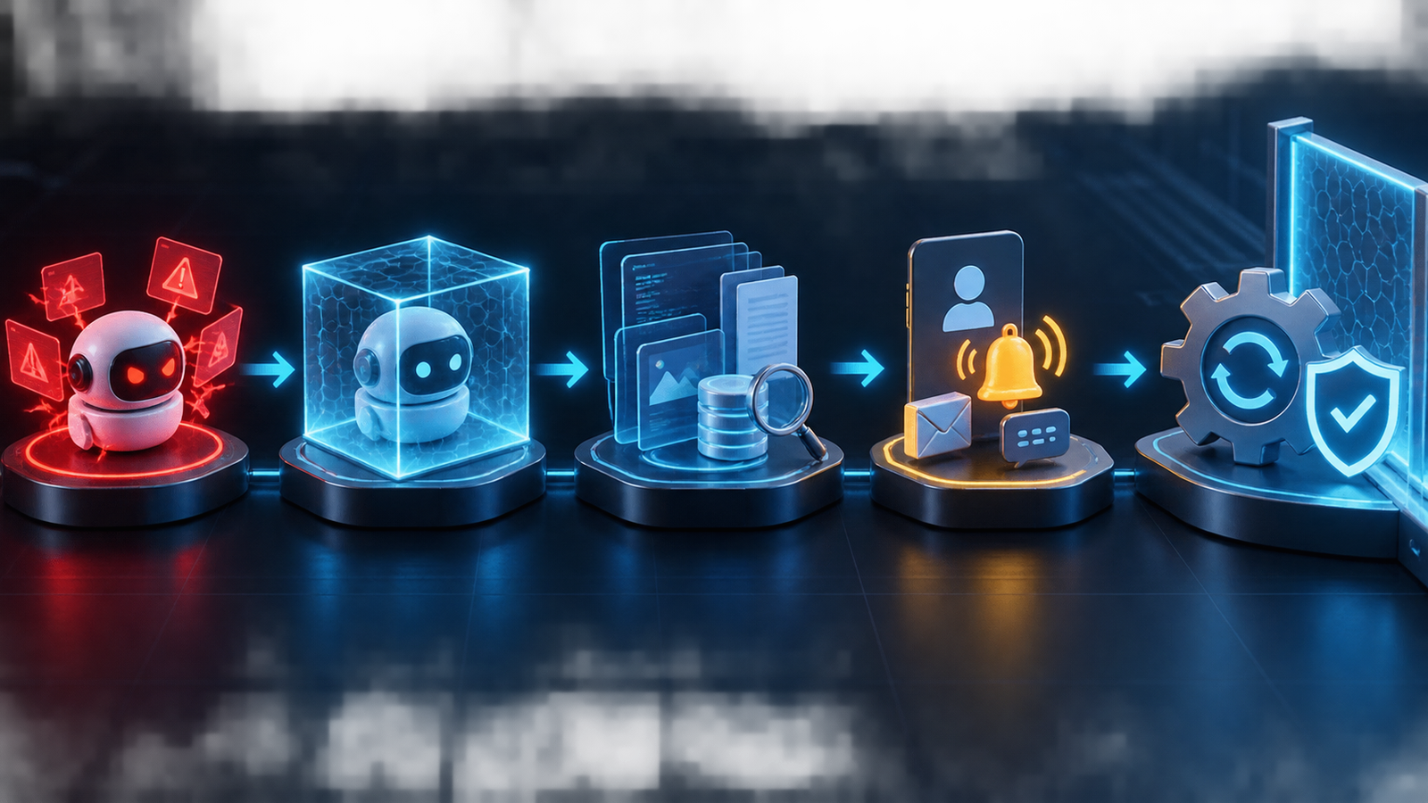 Layered AI agent incident-response workflow showing containment, evidence capture, notification, remediation and prevention.