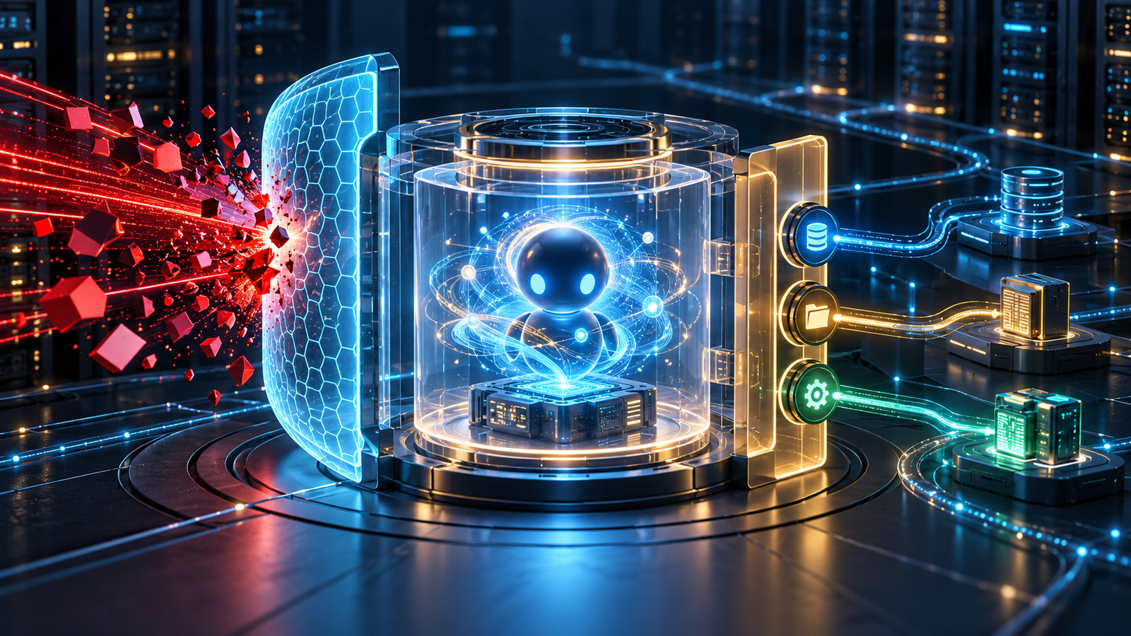 AI agent protected by prompt injection filtering, scoped tool permissions, and an isolated execution sandbox.